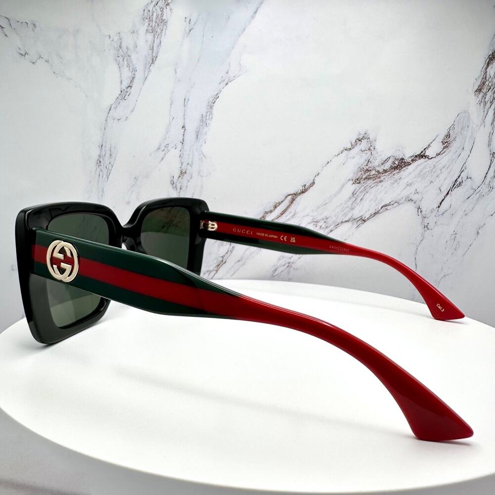 STYLISH New GUCCI Sunglasses Black Gold 3D Metal Logo Square Red Green Web Arms - Picture 9 of 16